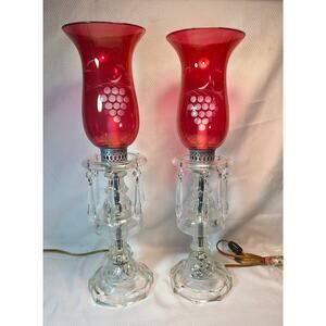Vintage Cranberry Glass Hurricane Lamps Crystal Prism Etched Grape Pair